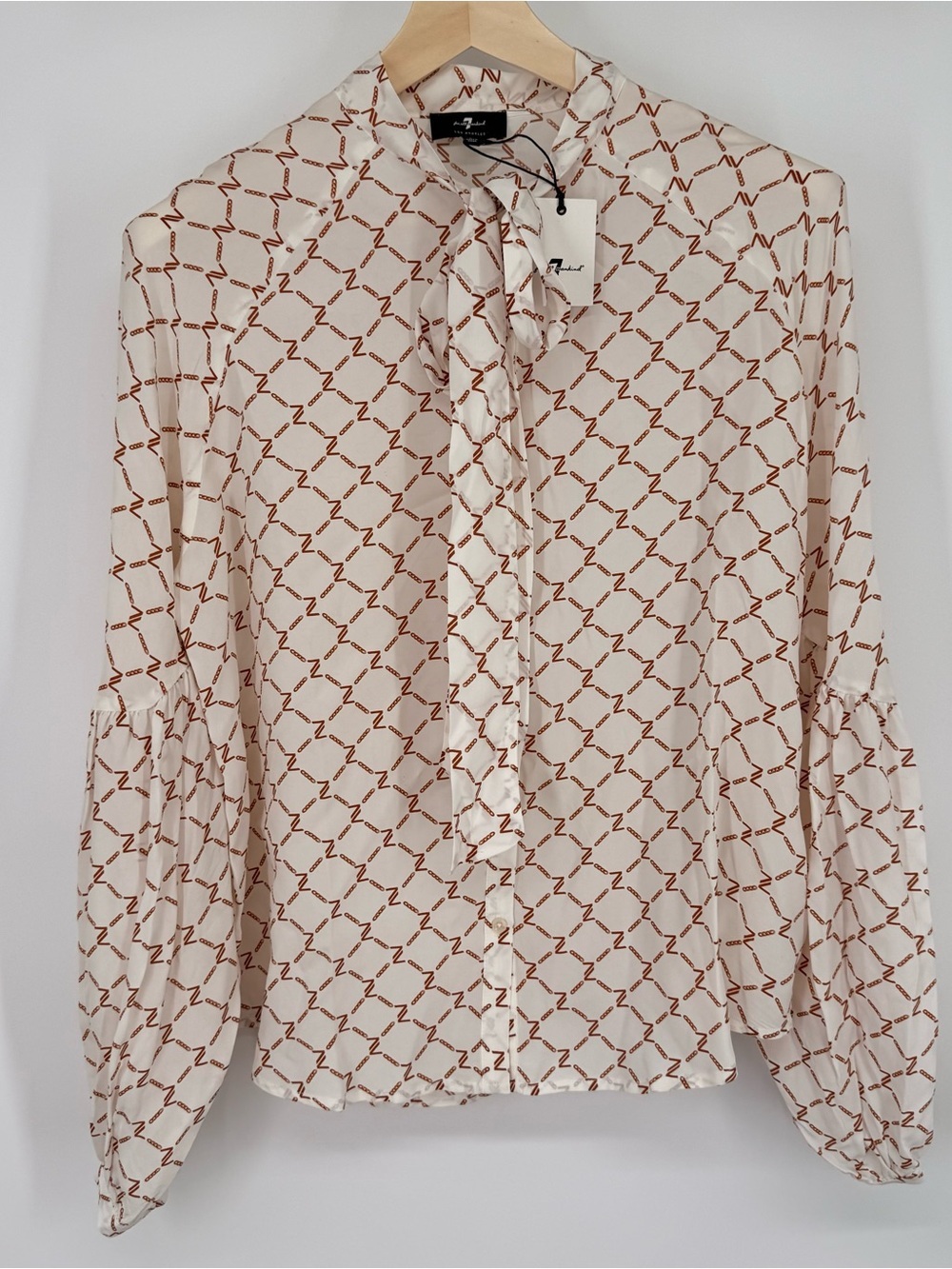 NWT 7 For All Mankind Ivory Silk-Blend Blouse with Brown Chain Print Size L